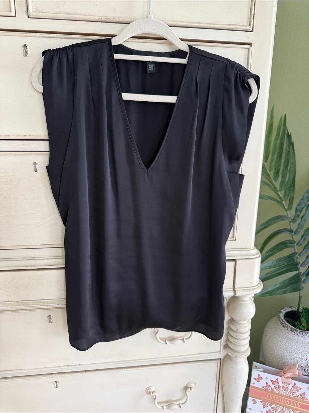 White House Black Market Black V-Neck Cap Sleeve Blouse